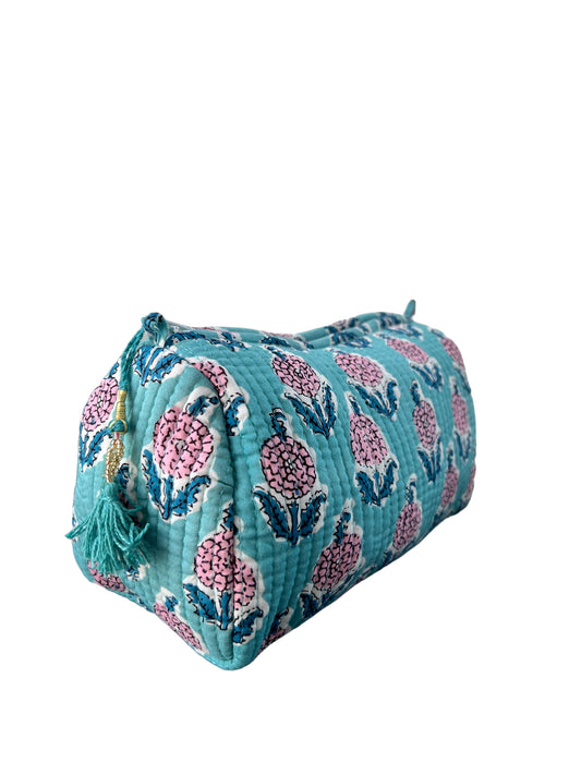 (M084) Make Up Bag Turquoise Mauve Flowers