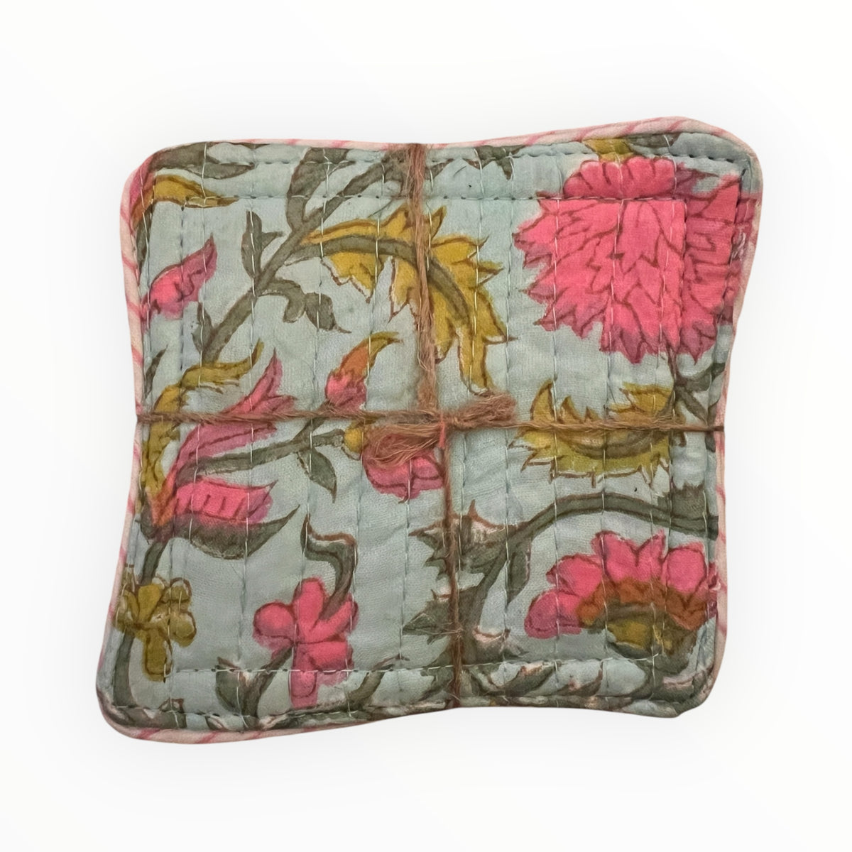 Block Print Coaster Set V- Aqua Pink Jaal