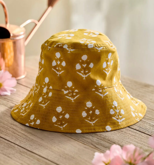 Blockprint Cotton Bucket Hat - Mustard