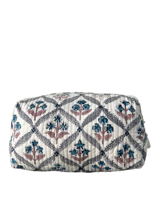 (M077L) Make Up Bag Gray Blue Garden Print