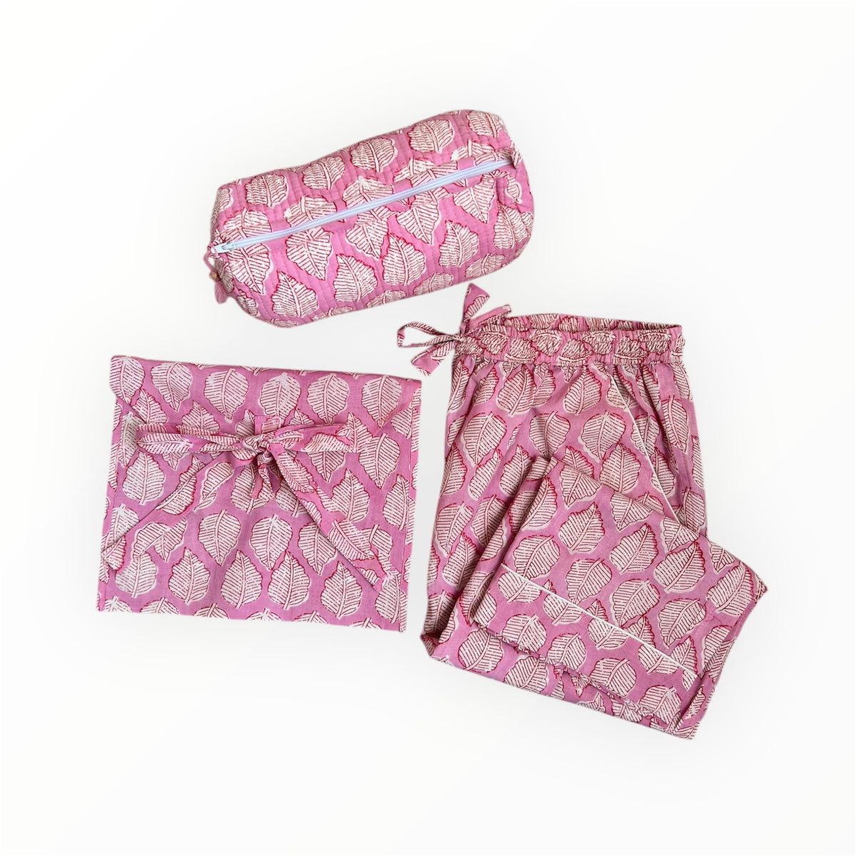 Pink Leaf Gift Set (Pajama Pants + Make Up Bag)
