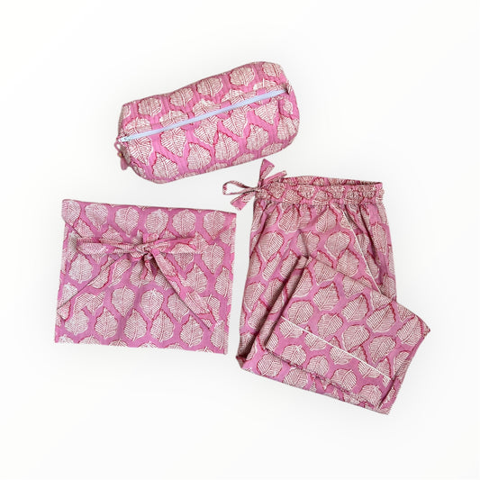 Pink Leaf Gift Set (Pajama Pants + Make Up Bag)