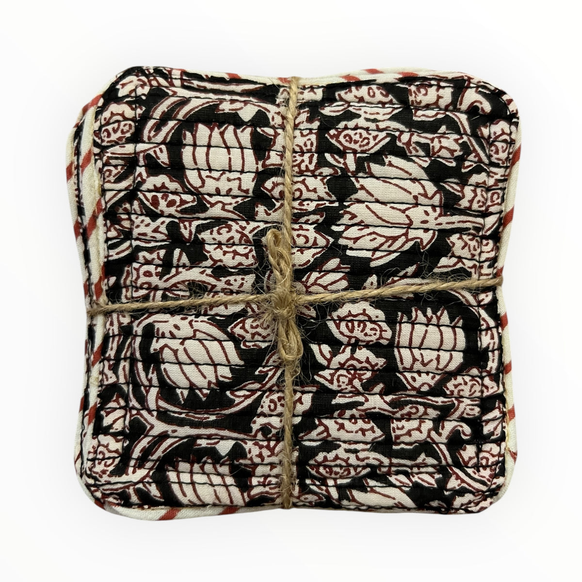 Block Print Coaster Set XX- Black Bagru Red Outline Vines