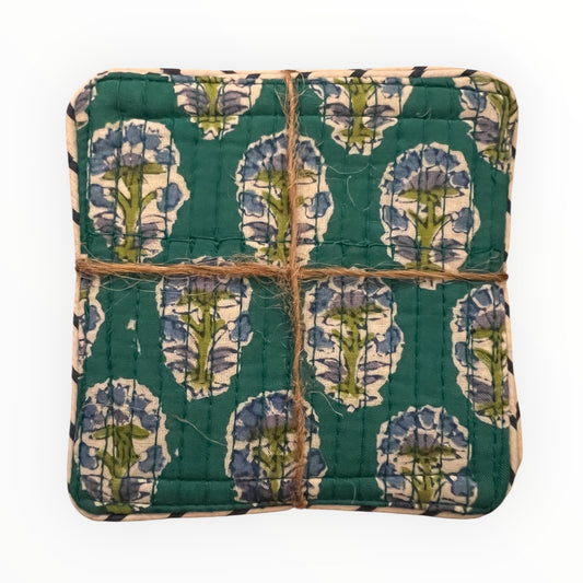 Block Print Coaster Set XIII- Greens and Blue Buti