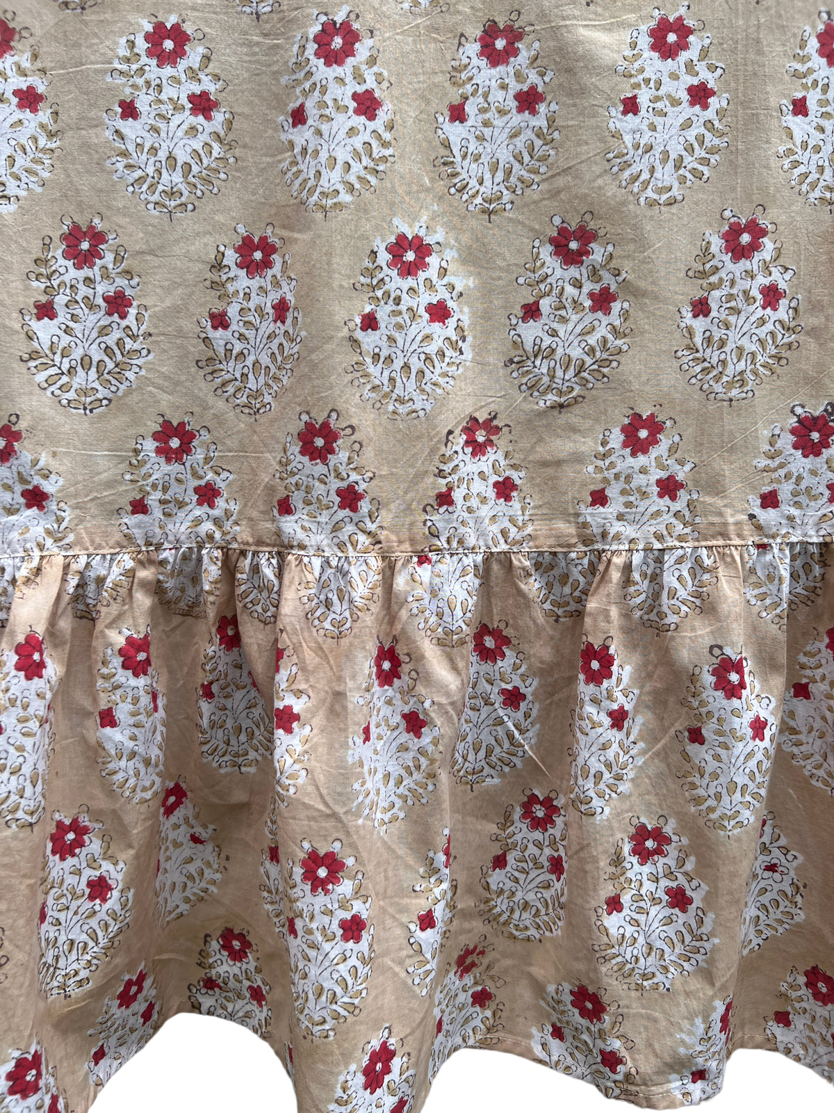 Tan + Red Buta Ruffle Table Linens
