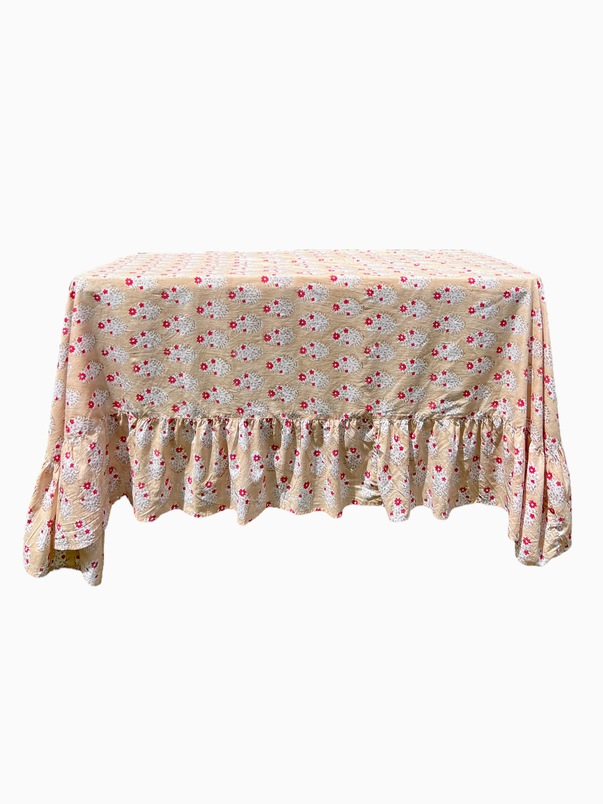 Tan + Red Buta Ruffle Table Linens