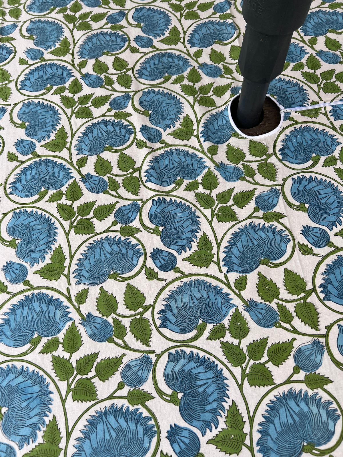 Outdoor Table Linens with Umbrella Hole - Lilly White + Blue