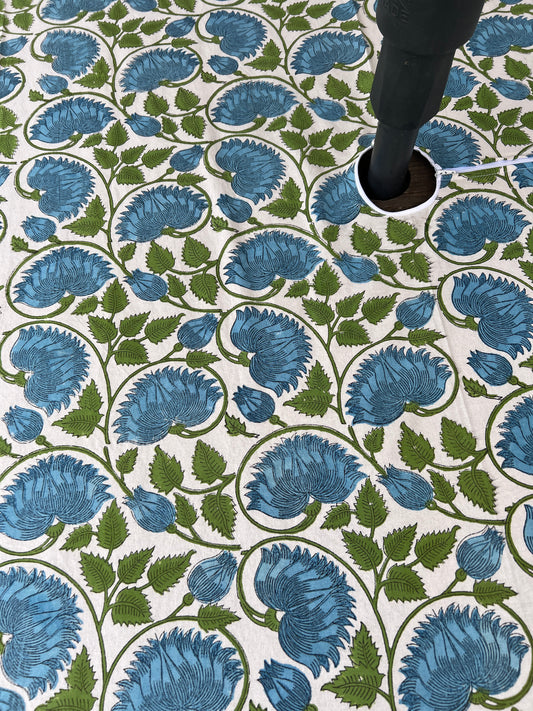 Outdoor Table Linens with Umbrella Hole - Lilly White + Blue