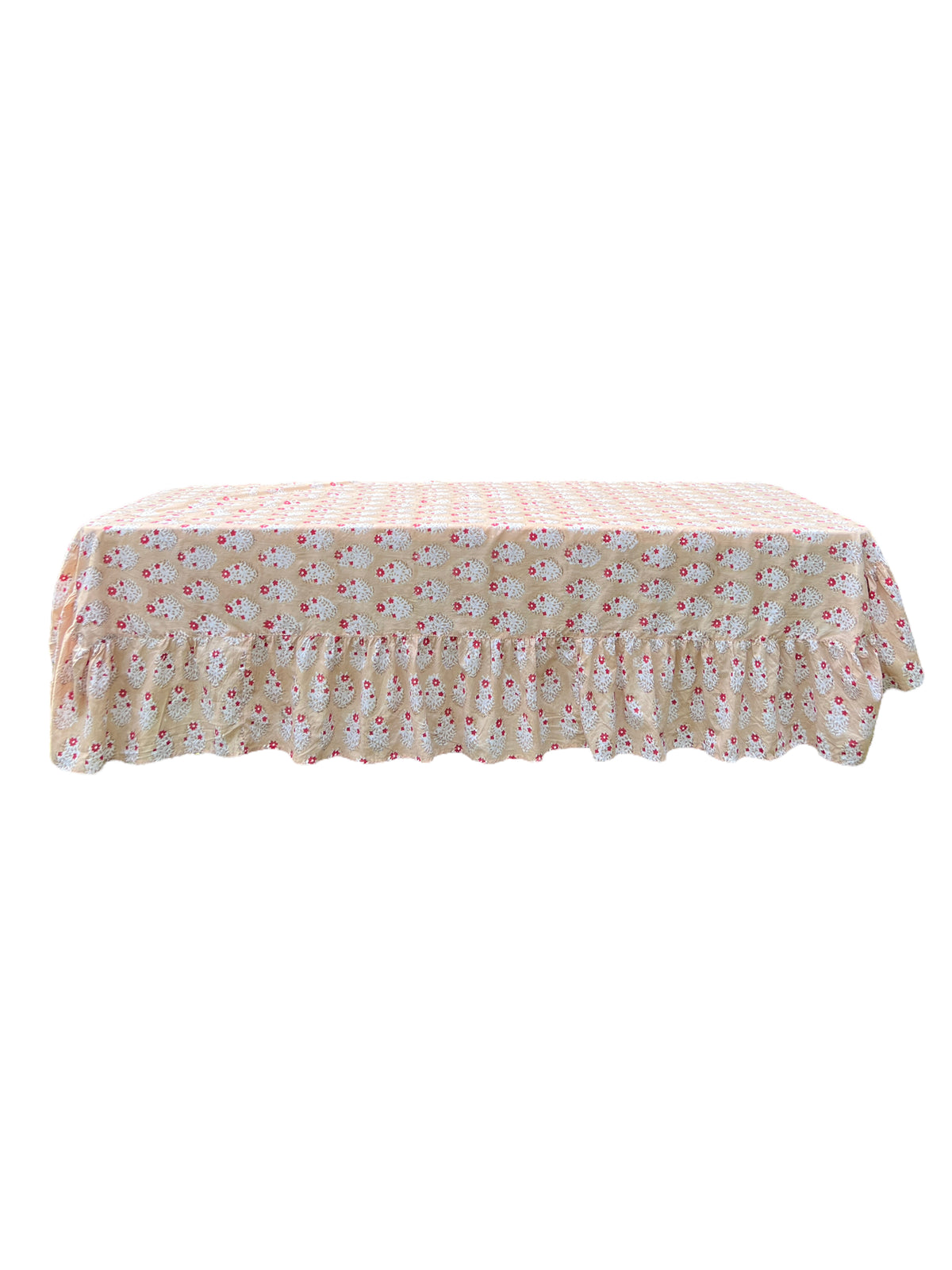 Tan + Red Buta Ruffle Table Linens